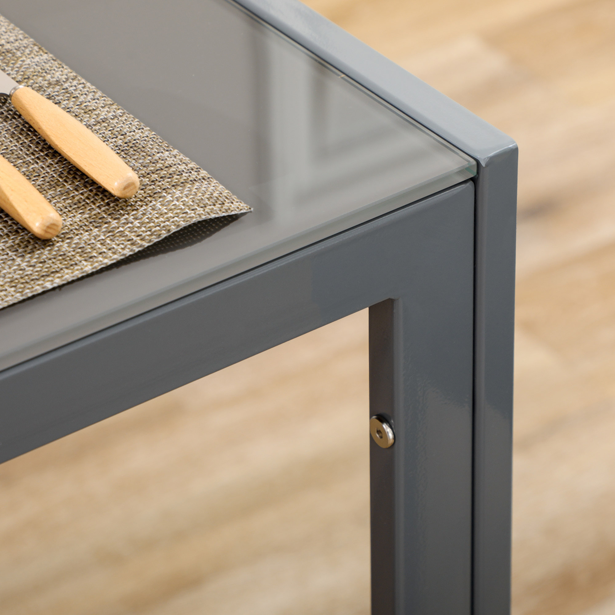 Ensemble table à manger rectangulaire et 4 chaises grand confort plateau verre trempé 8 mm métal gris