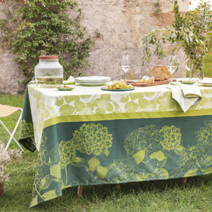 Nappe pur coton enduit motif jacquard vert Mille hortensias vert