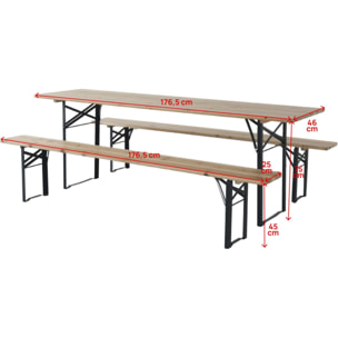 Table de jardin brasserie pliante avec 2 bancs " Lisbonne " - 176 x 46 x 75 cm -  Marron