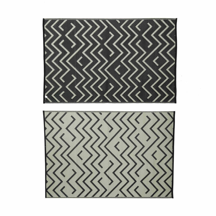 Tapis d’extérieur 120x180cm SYDNEY - Rectangulaire. motif vagues noir / beige. jacquard. réversible. indoor / outdoor