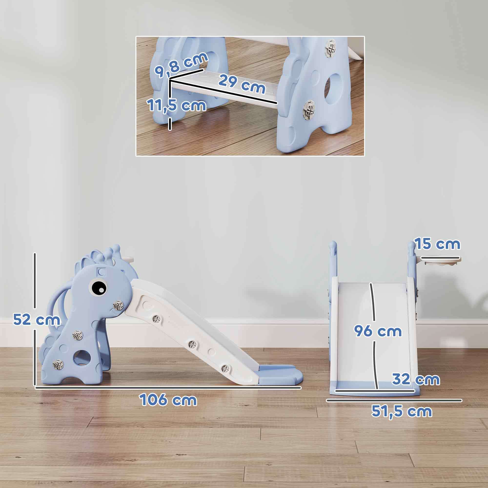Tobogán Infantil 3 en 1 Tobogán para Niños de 1 a 3 Años con Escalera Canasta de Baloncesto y Diseño de Jirafa para Interior 106x51,5x52 cm Azul