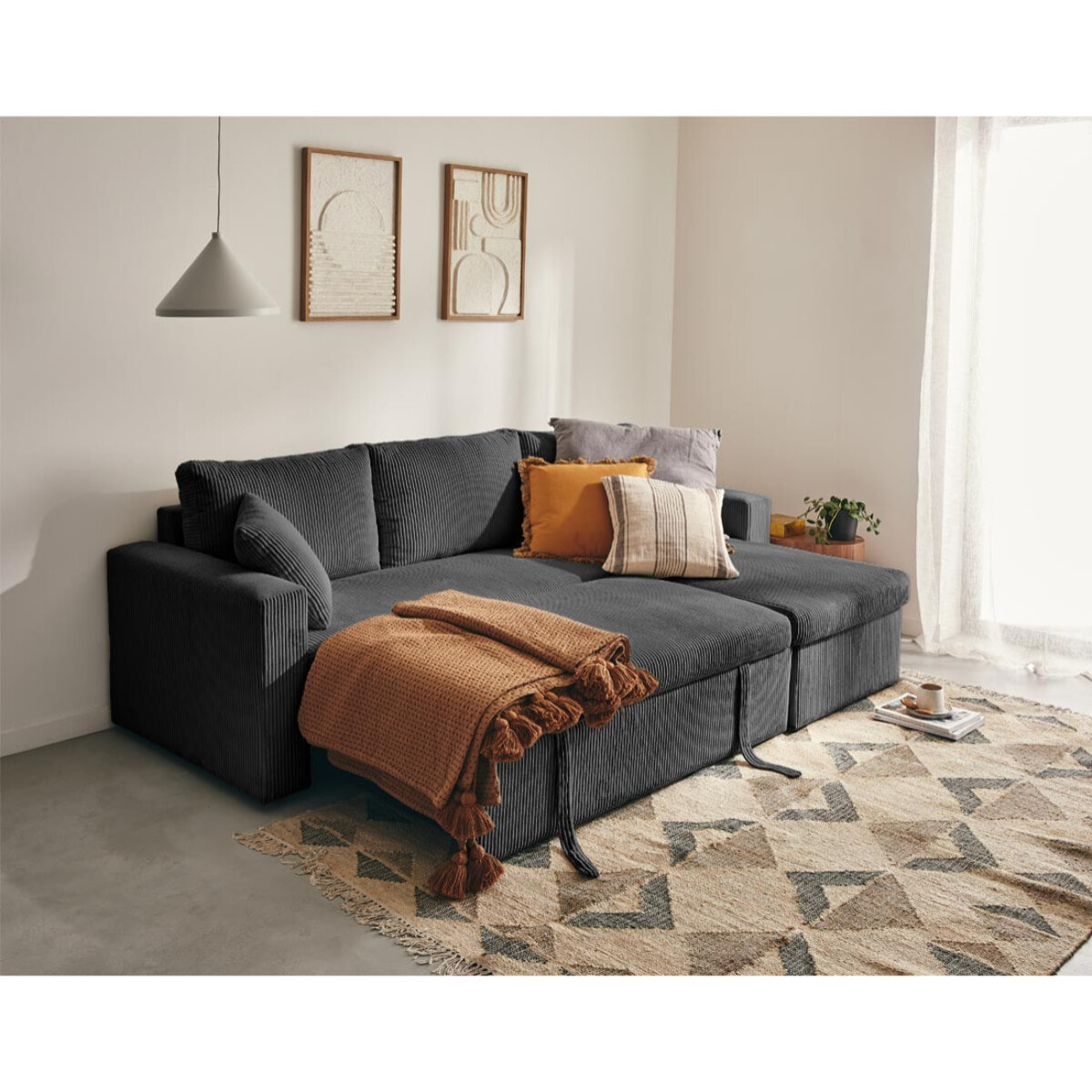 Cyrus - canapé d'angle réversible 4 places - convertible avec coffre - en velours côtelé - Gris foncé