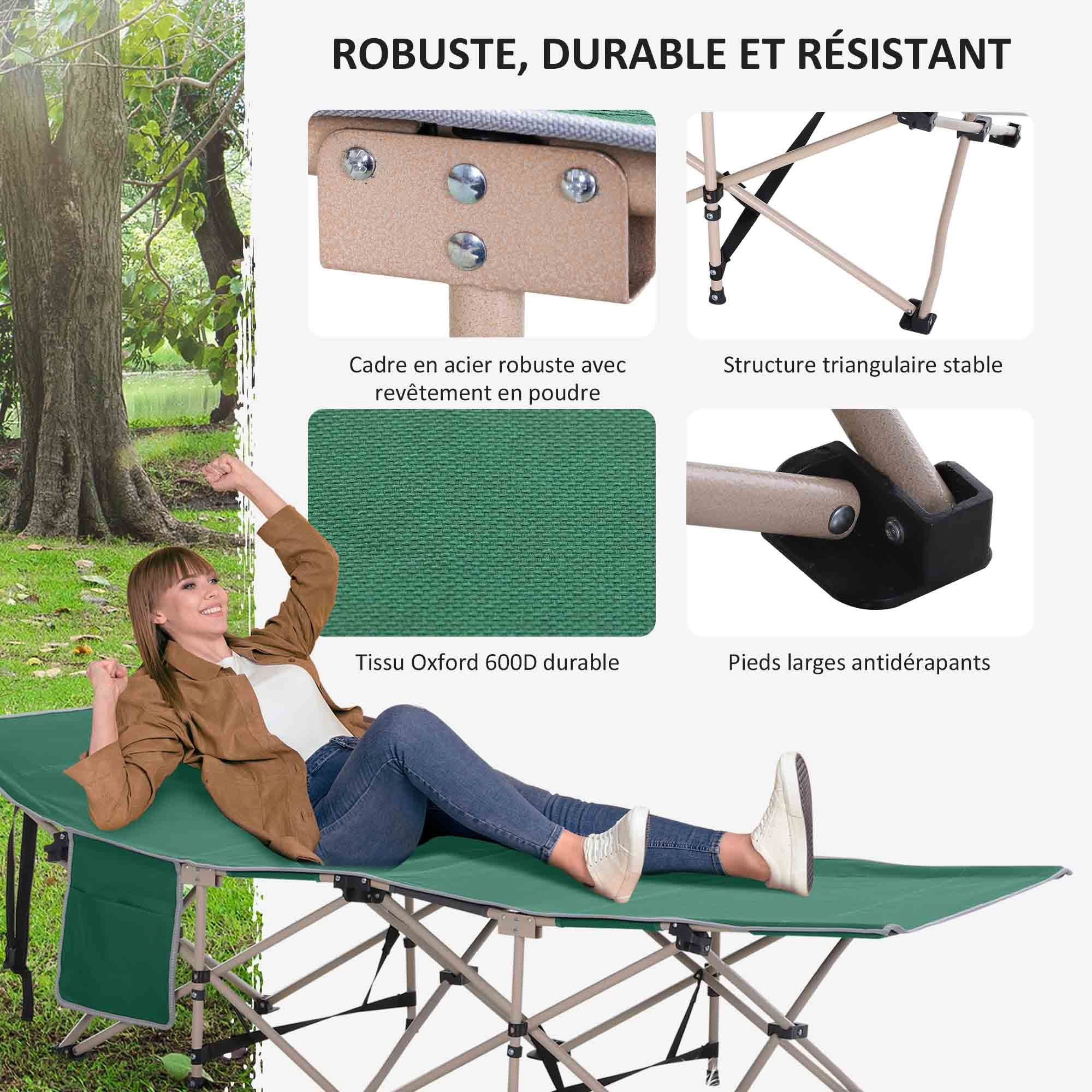 Lit de camp camping pliable 190 x 68 x 52 cm max. 150 Kg sac transport inclus acier oxford vert