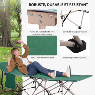 Lit de camp camping pliable 190 x 68 x 52 cm max. 150 Kg sac transport inclus acier oxford vert