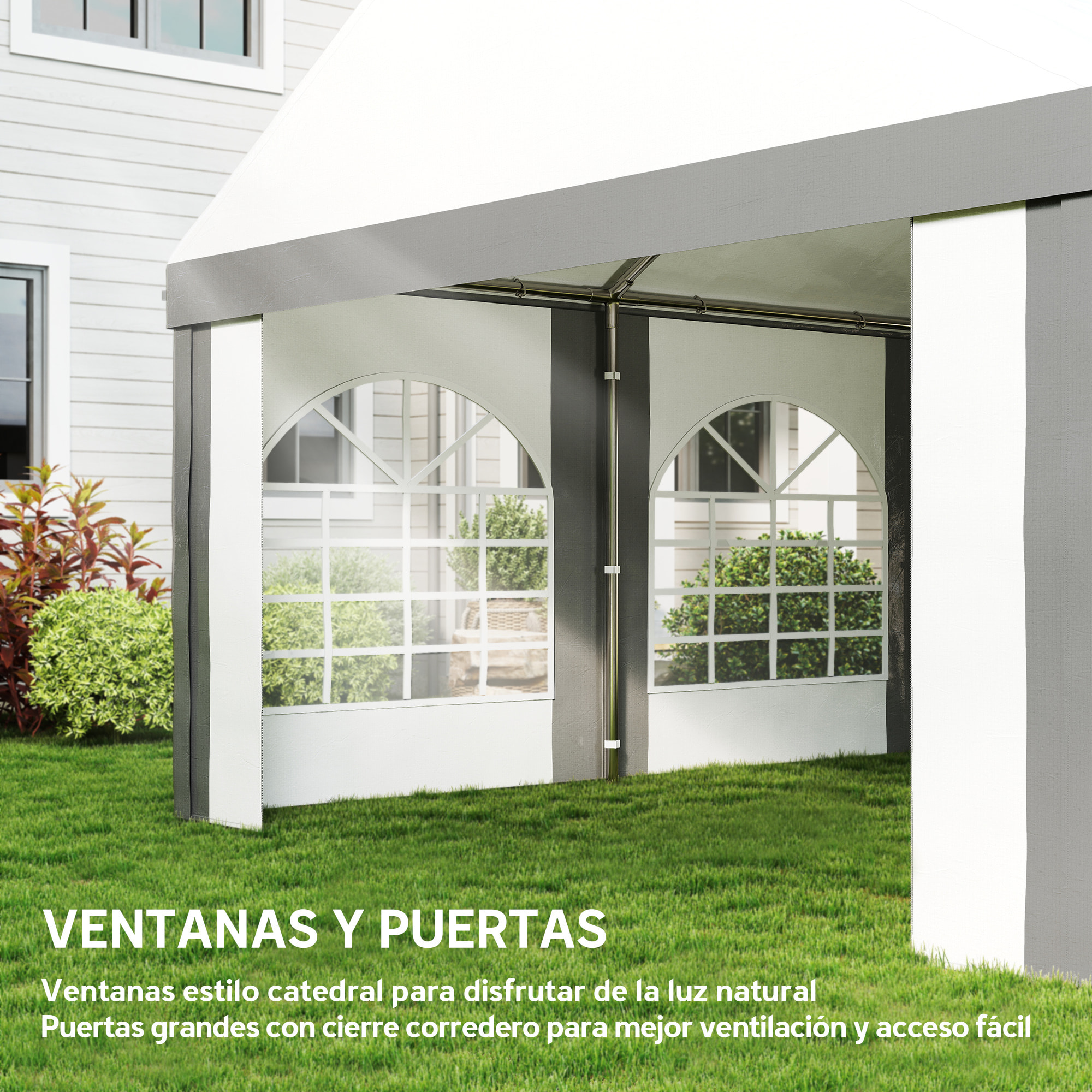 Carpa para Fiesta 4x8 m, Carpa de Jardín con Paredes Laterales Extraíbles, Puertas y Ventanas, Impermeable, Anti-UV, Cenador Gazabo para Boda, Camping, Eventos, Exterior, Gris y Blanco