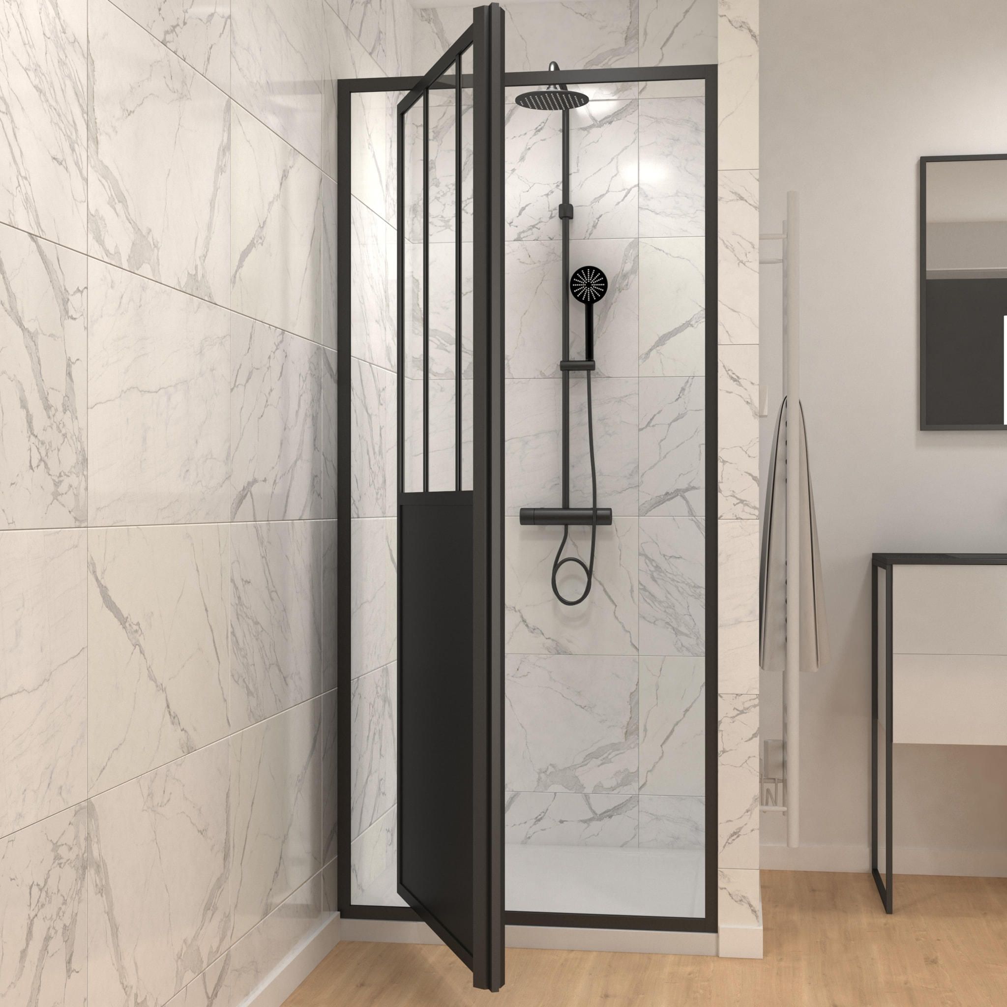 Porte de douche pivotante type atelier - 80x200cm - PROFILE NOIR MAT - verre 5mm