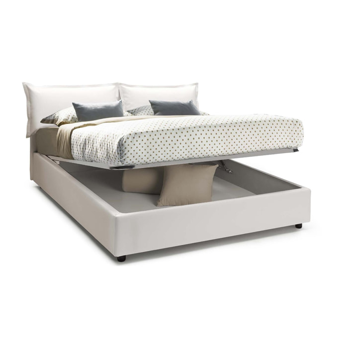 Letto matrimoniale Michela, Letto contenitore con rivestimento in ecopelle, 100% Made in Italy, Apertura frontale, con materasso Cm 140x190 incluso, Bianco