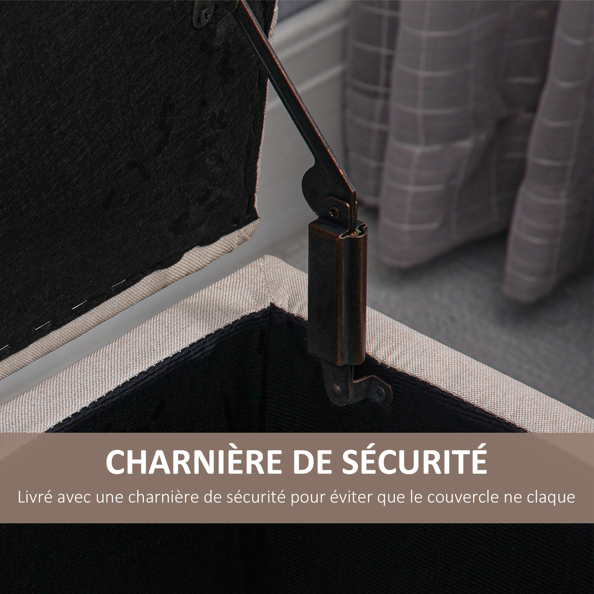 Banquette coffre de rangement style Chesterfield dim. 100 x 40 x 44 cm piètement bois noir tissu beige clair