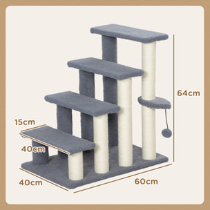 Escalera para Gatos de 4 Niveles Escalera para Mascotas Cubierto de Suave Felpa Poste de Sisal Bola Colgante Árbol Rascador para Gatos 60x40x64 cm Gris