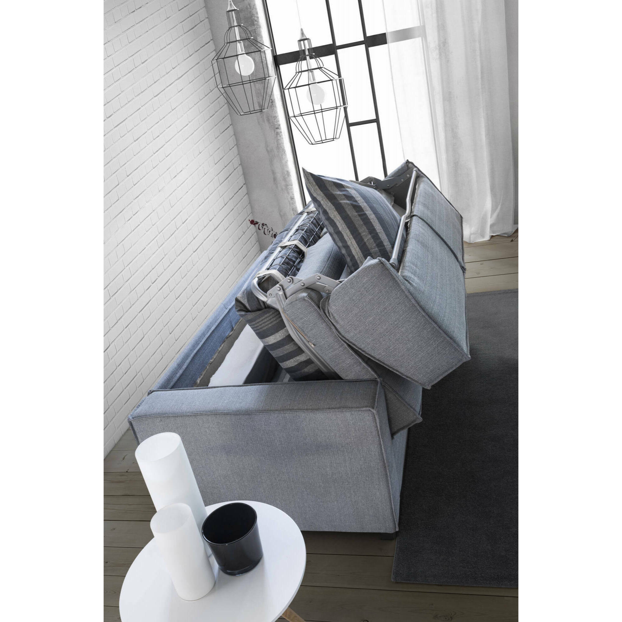 Divano letto 3 posti Asteroide, Sofà Soggiorno apertura girevole, Tessuto imbottito, Braccioli standard, 100% Made in Italy, Cm 220x95h90, Grigio
