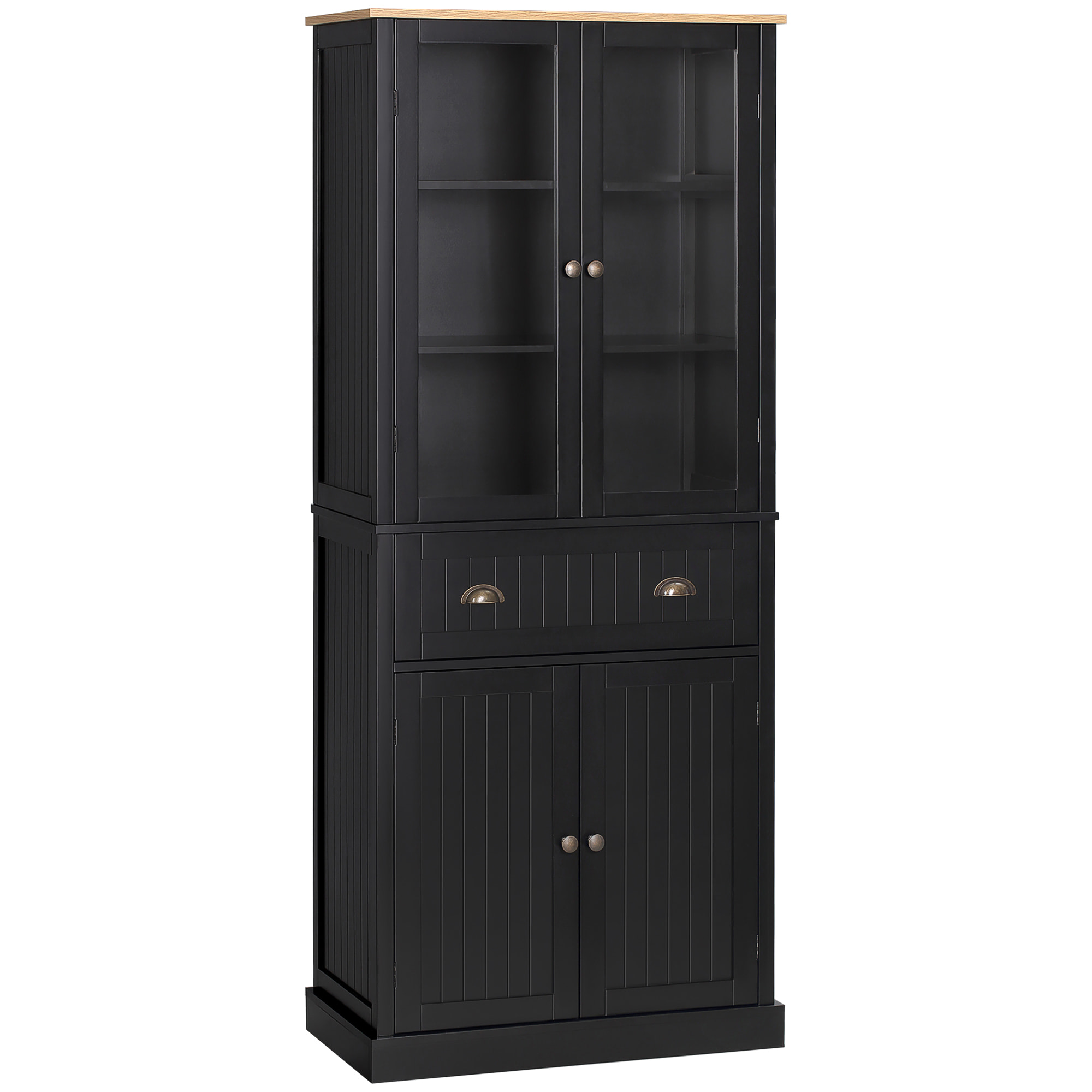 Armoire de cuisine buffet haut 4 portes grand tiroir coulissant dim. 76L x 40l x 182H cm panneaux noir verre