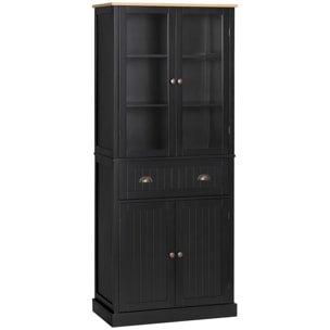 Armoire de cuisine buffet haut 4 portes grand tiroir coulissant dim. 76L x 40l x 182H cm panneaux noir verre