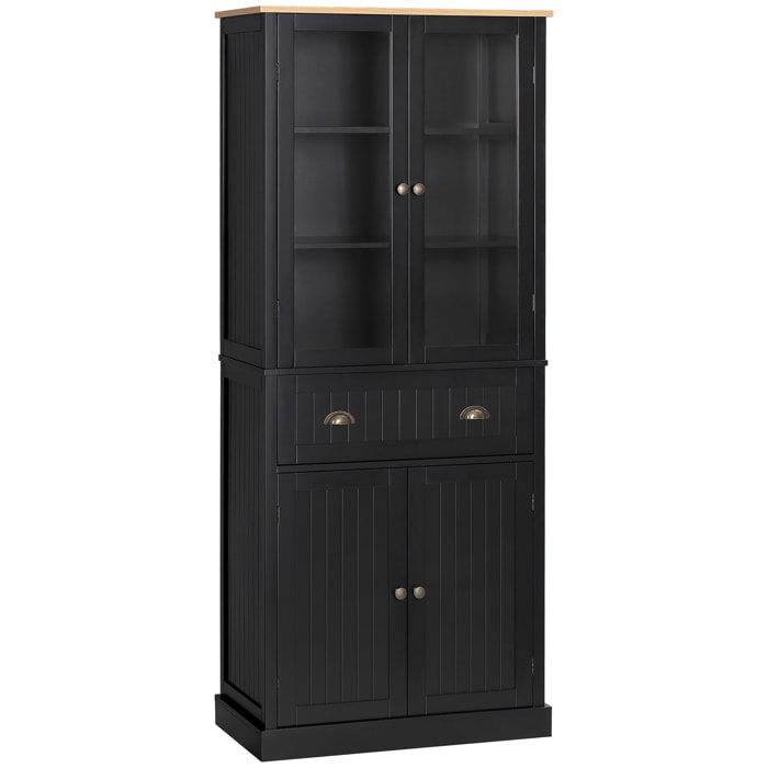 Armoire de cuisine buffet haut 4 portes grand tiroir coulissant dim. 76L x 40l x 182H cm panneaux noir verre