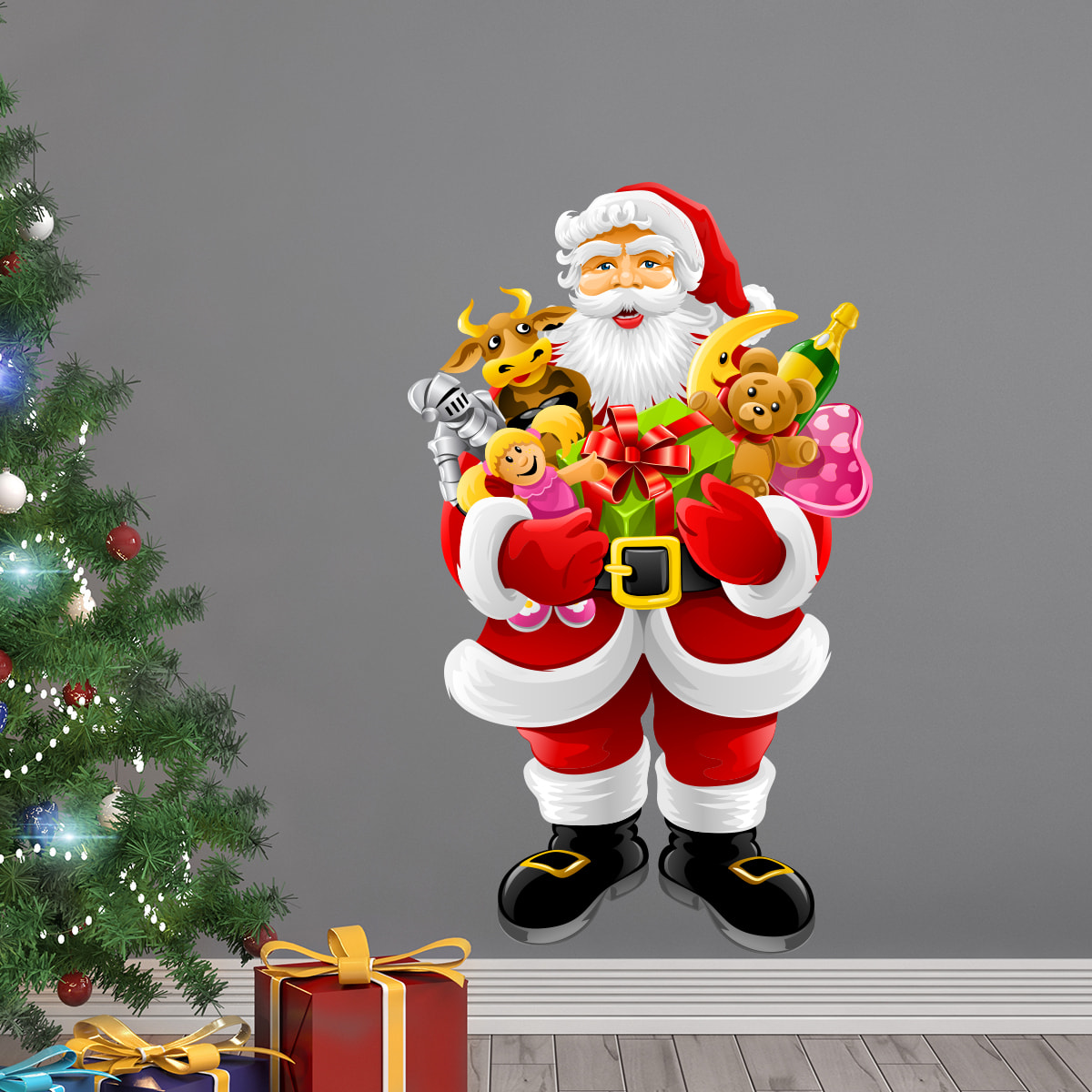 Sticker Noël le Père Noël apporte les cadeaux - Autocollants stickers adhésifs noël - décoration fêtes