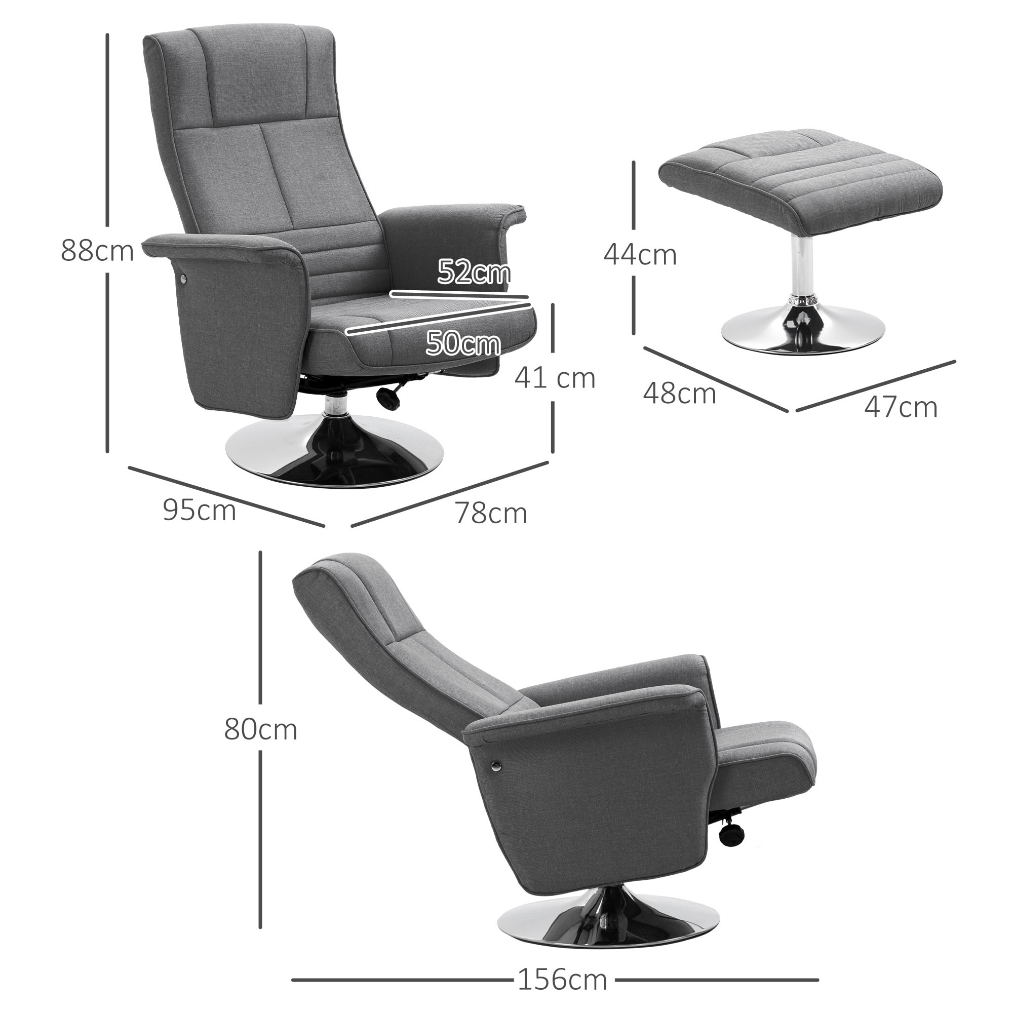 Fauteuil relax massant inclinable réglable avec repose-pied piètement acier chromé tissu gris