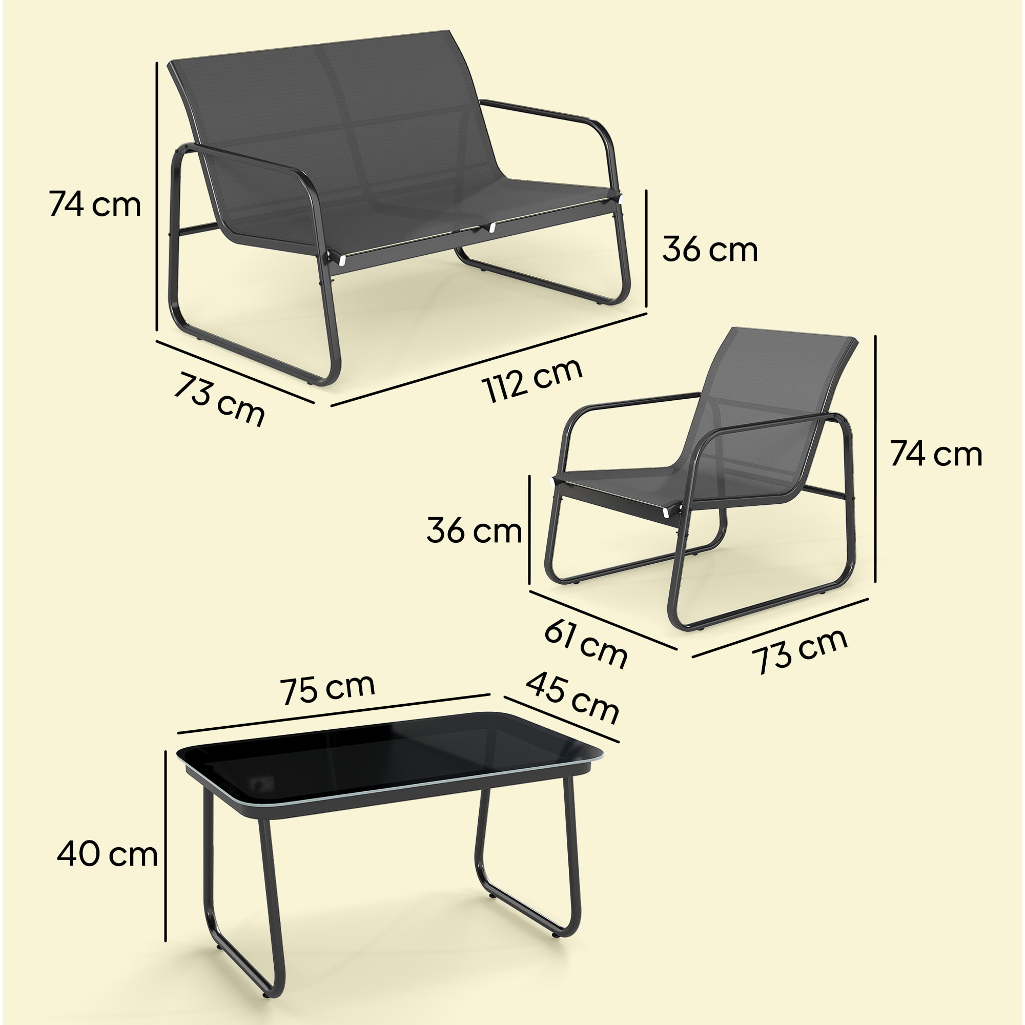 Conjunto Jardín Exterior de 4 Piezas, Muebles Jardín Exterior con Sofá de 2 Plazas, 2 Sillones, Mesa de Vidrio Templado, Tela de Textilene Transpirable, Estructura de Acero, Gris Oscuro