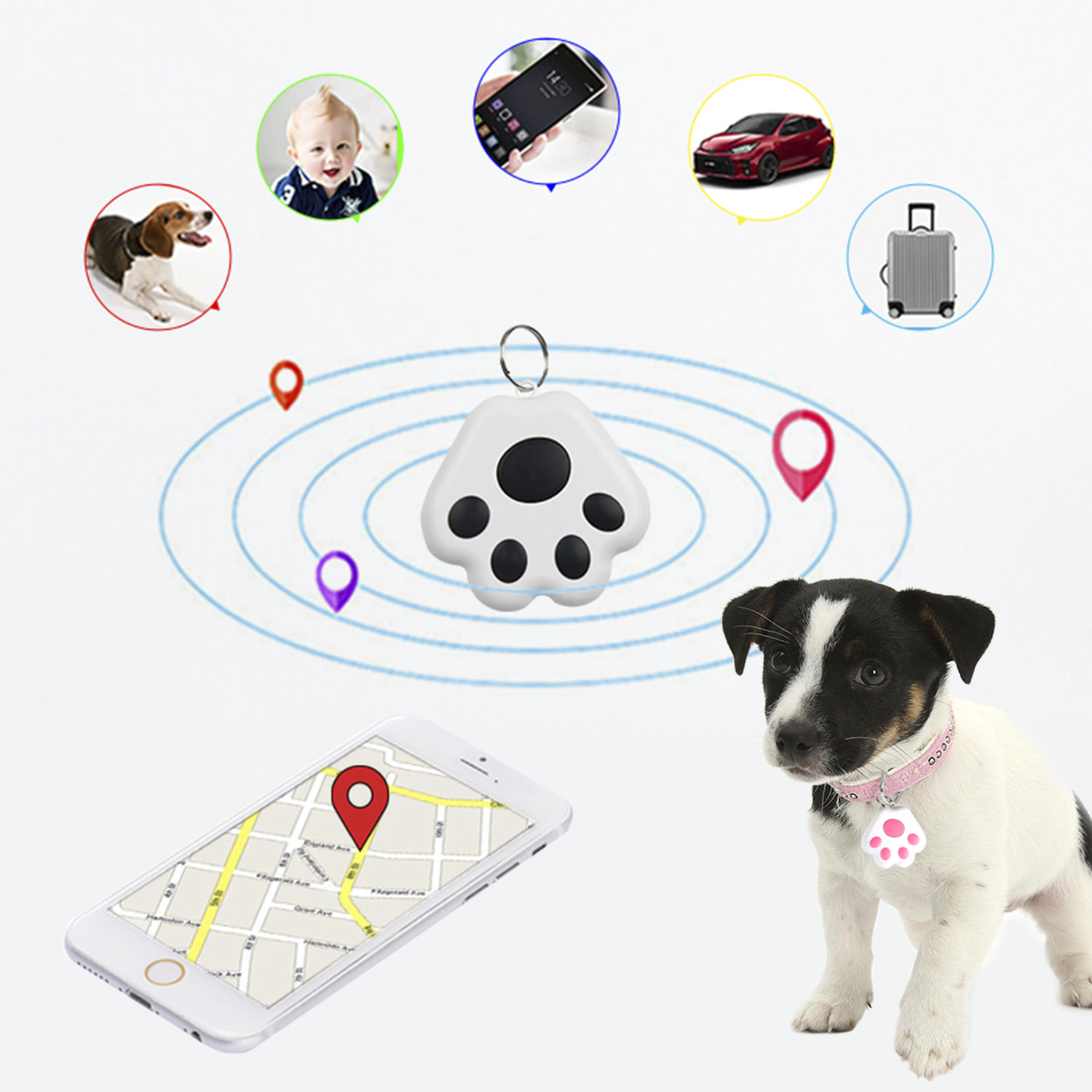 Localizzatore PAW Bluetooth 4.0 multifunzione, con indicatore GPS di ultima localizzazione. Per animali domestici, chiavi, valigie, ecc.