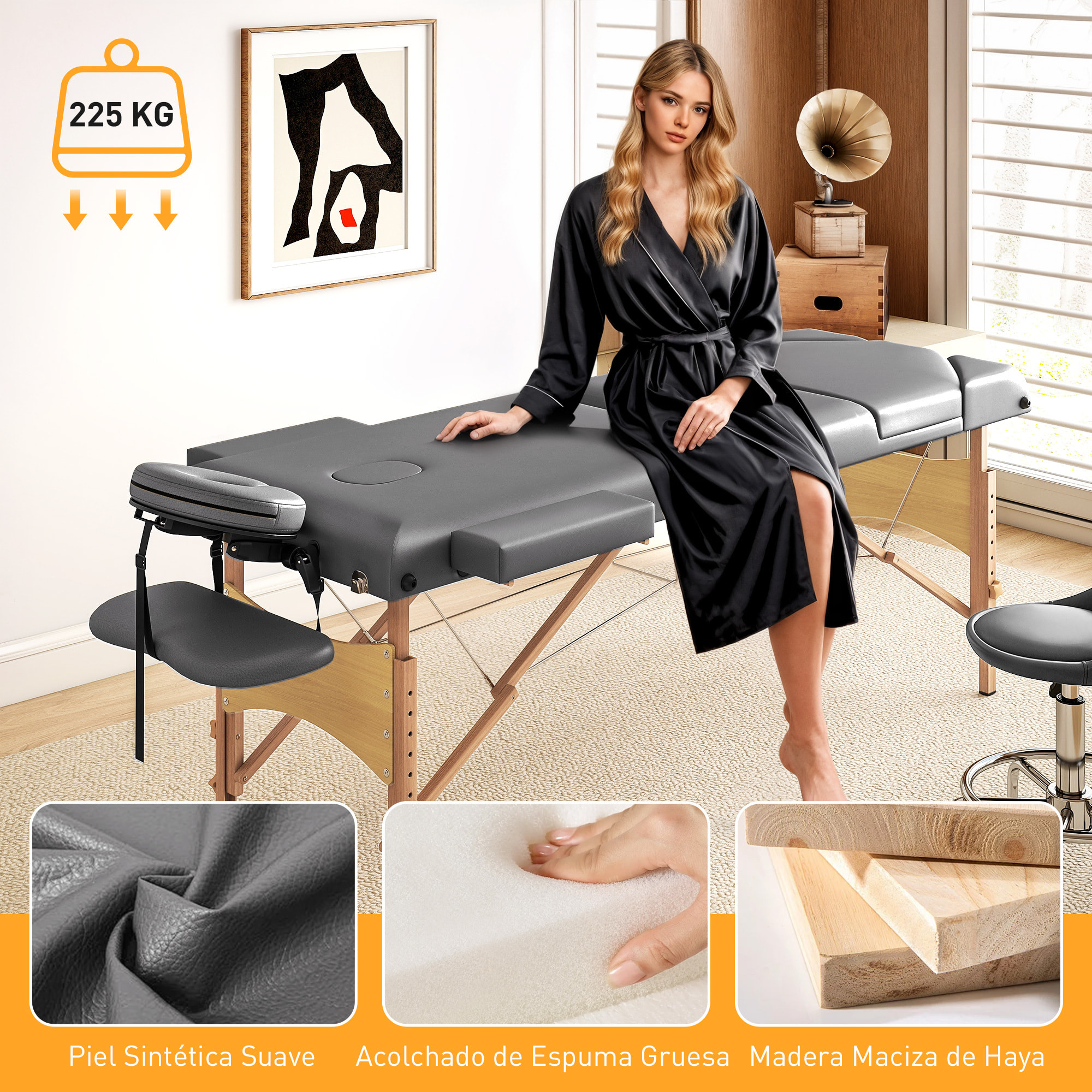 Camilla Masaje Plegable Portátil Camilla Estética Profesional de Madera de 3 Zonas con Altura, Respaldo, Soporte para Piernas, Reposacabezas Ajustables Brazos Acolchados 215x60x64-89 cm Gris