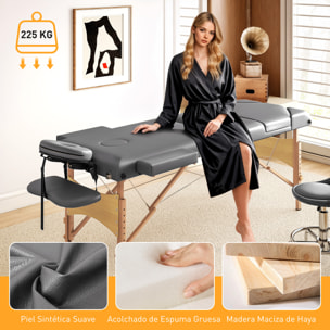Camilla Masaje Plegable Portátil Camilla Estética Profesional de Madera de 3 Zonas con Altura, Respaldo, Soporte para Piernas, Reposacabezas Ajustables Brazos Acolchados 215x60x64-89 cm Gris