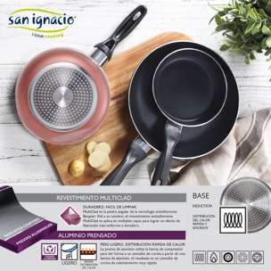 Set 3 sartenes ø16/20/24 cm, aluminio prensado, aptas para inducción + set 4 cuchillos de cocina: chef, santoku, pelador y muliusos, mango con silicon