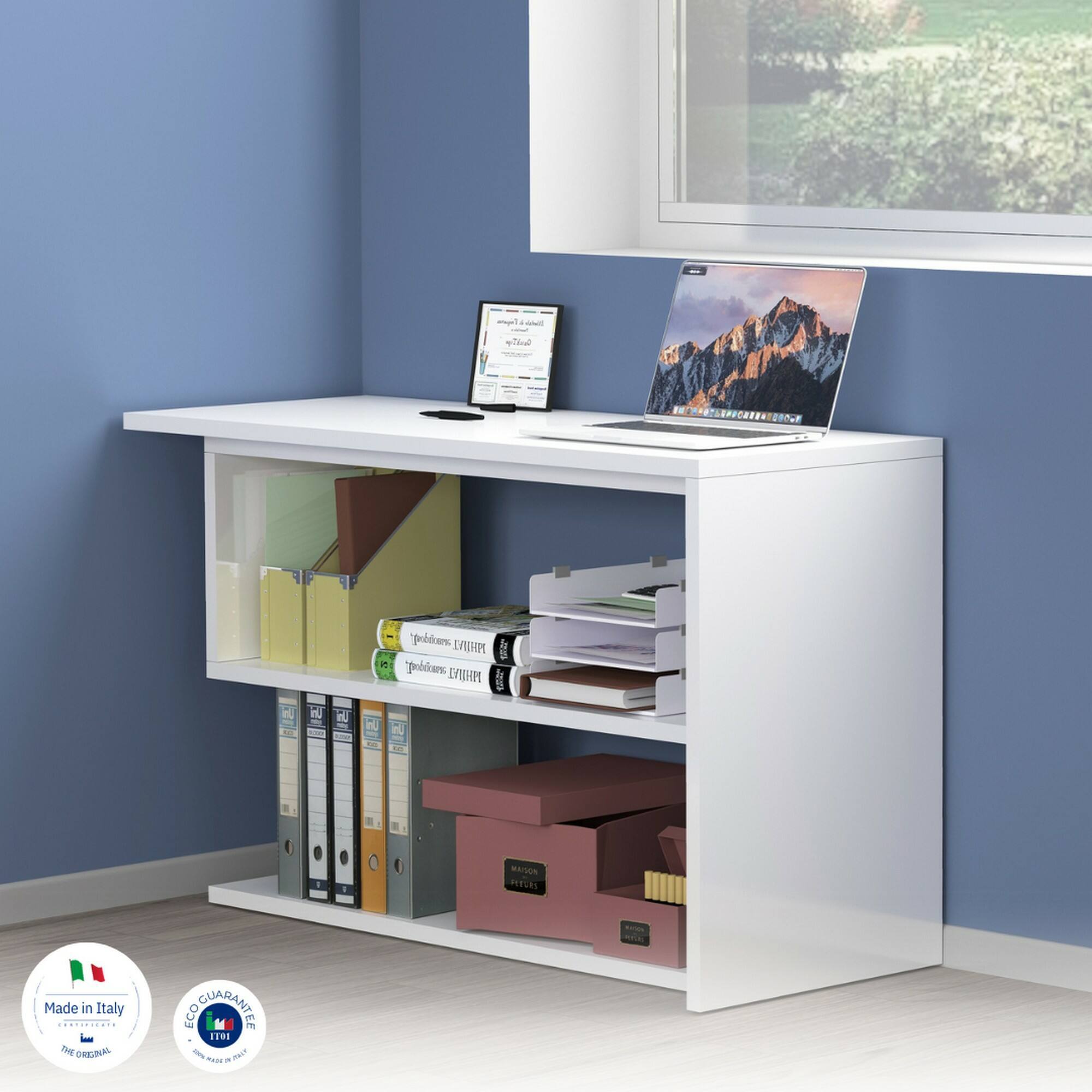 Scrivania Candido, Scrittoio angolare porta PC, Tavolo multiuso per ufficio, Scrivania salvaspazio multiposizione, 100% Made in Italy, cm 120x50h75, Bianco lucido