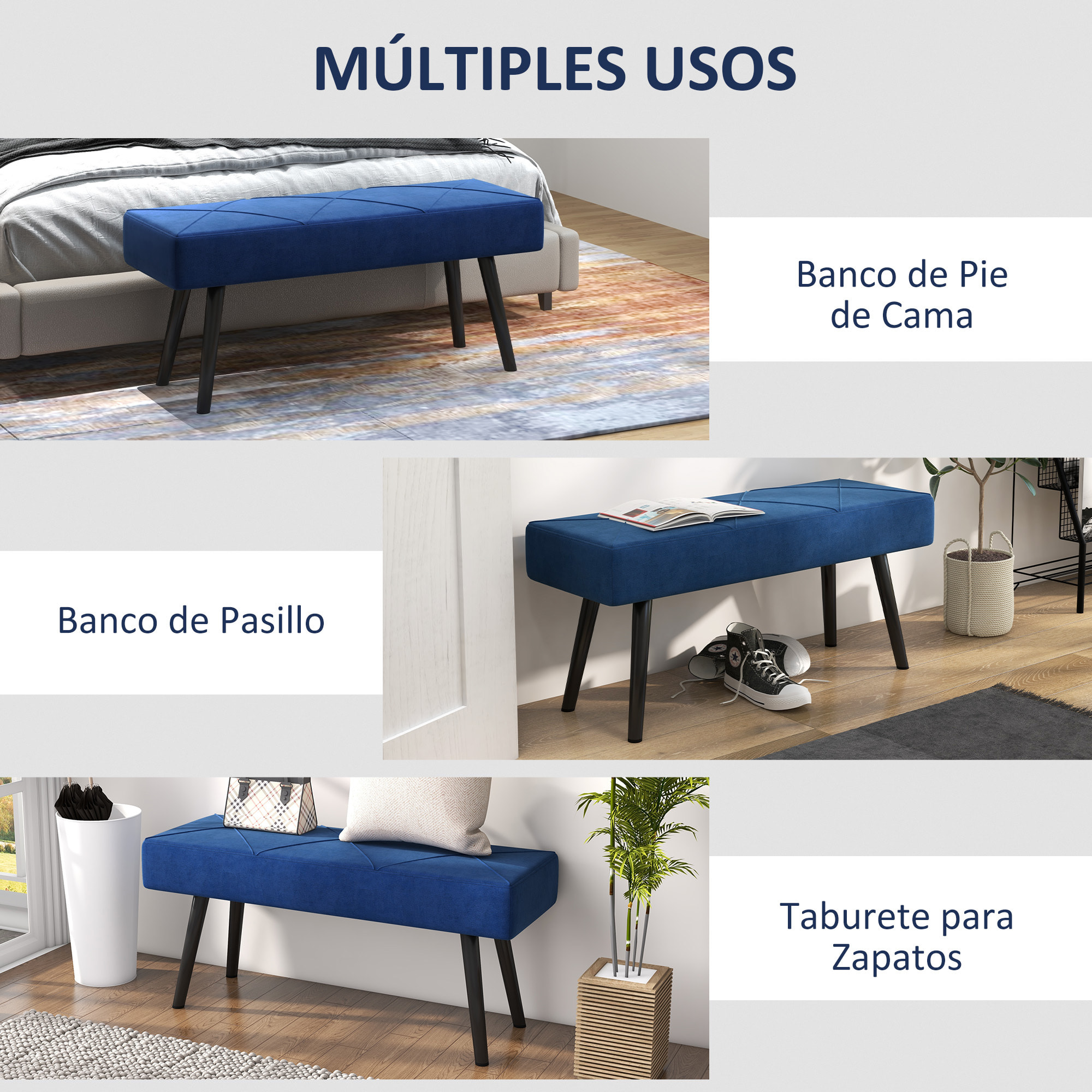 Taburete Pie de Cama Multifuncional Banco Pie de Cama Moderno Banco Dormitorio con Pies de Acero y Asiento Acolchado Carga 120 kg para Entrada Pasillo 100x36x45 cm Azul Oscuro