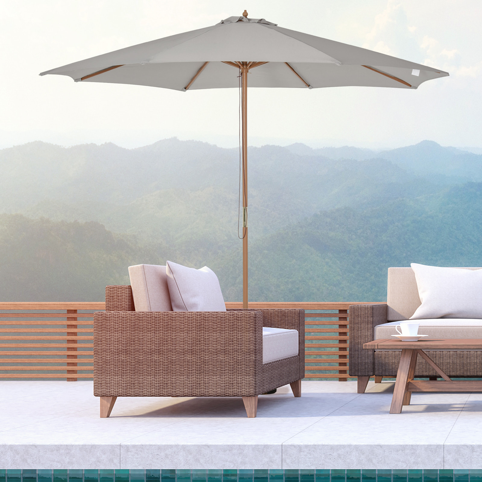 Sombrilla Parasol de Jardín Ø300x250cm con Techo Ventilado y Poste Madera Gris