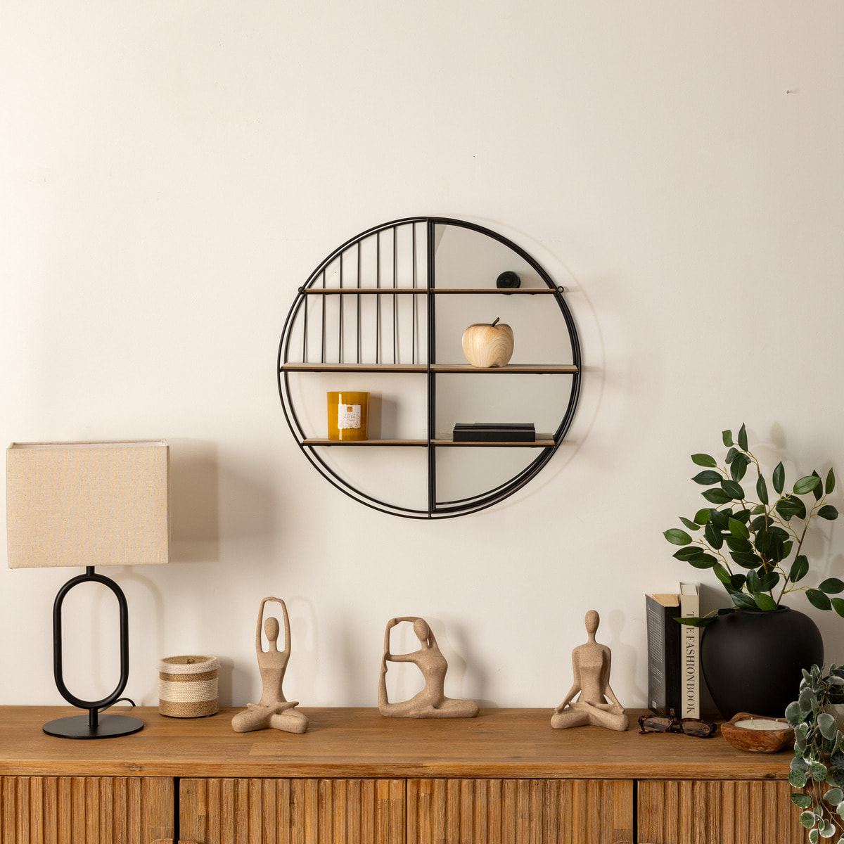 Etagère murale avec miroir Zina métal noir D56cm