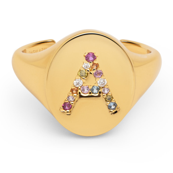 Anillo Personalizado Signet Letter Colors Baño Oro