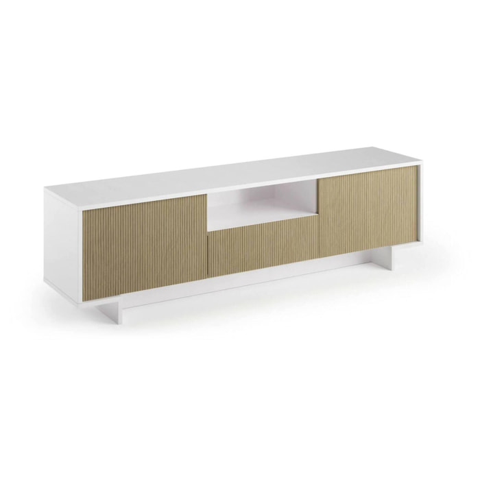 Mobile Porta TV Darrighin, Supporto per televisione da salotto, Credenza bassa da soggiorno a 2 ante e 1 cassetto, 100% Made in Italy, 170x42h48 cm, Bianco e Beige