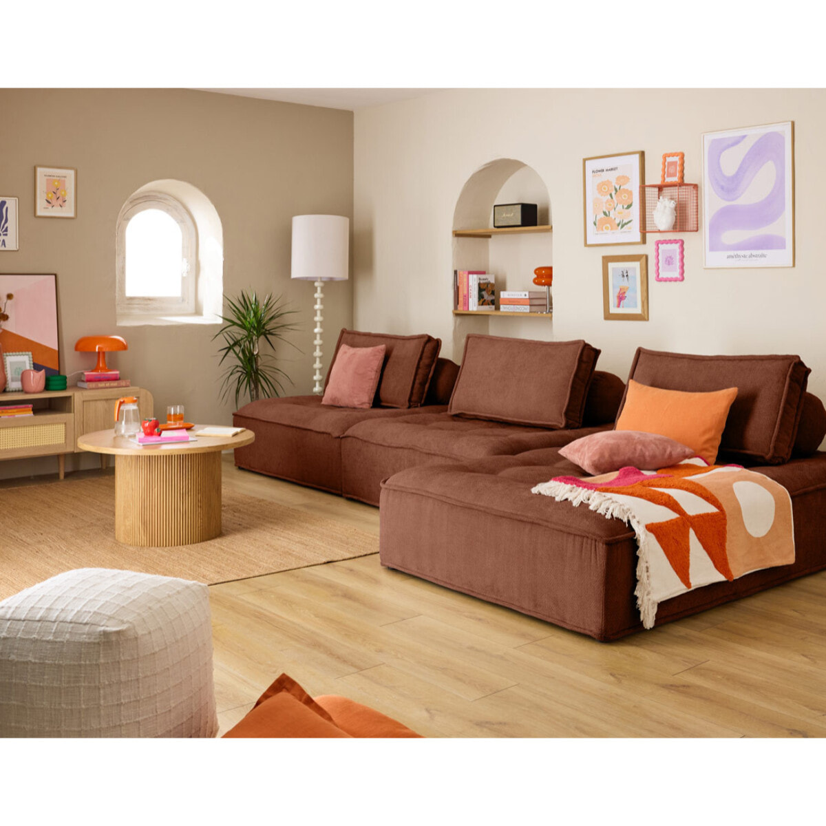 Marisol - canapé d'angle modulable 4 places - velours texturé - Terracotta