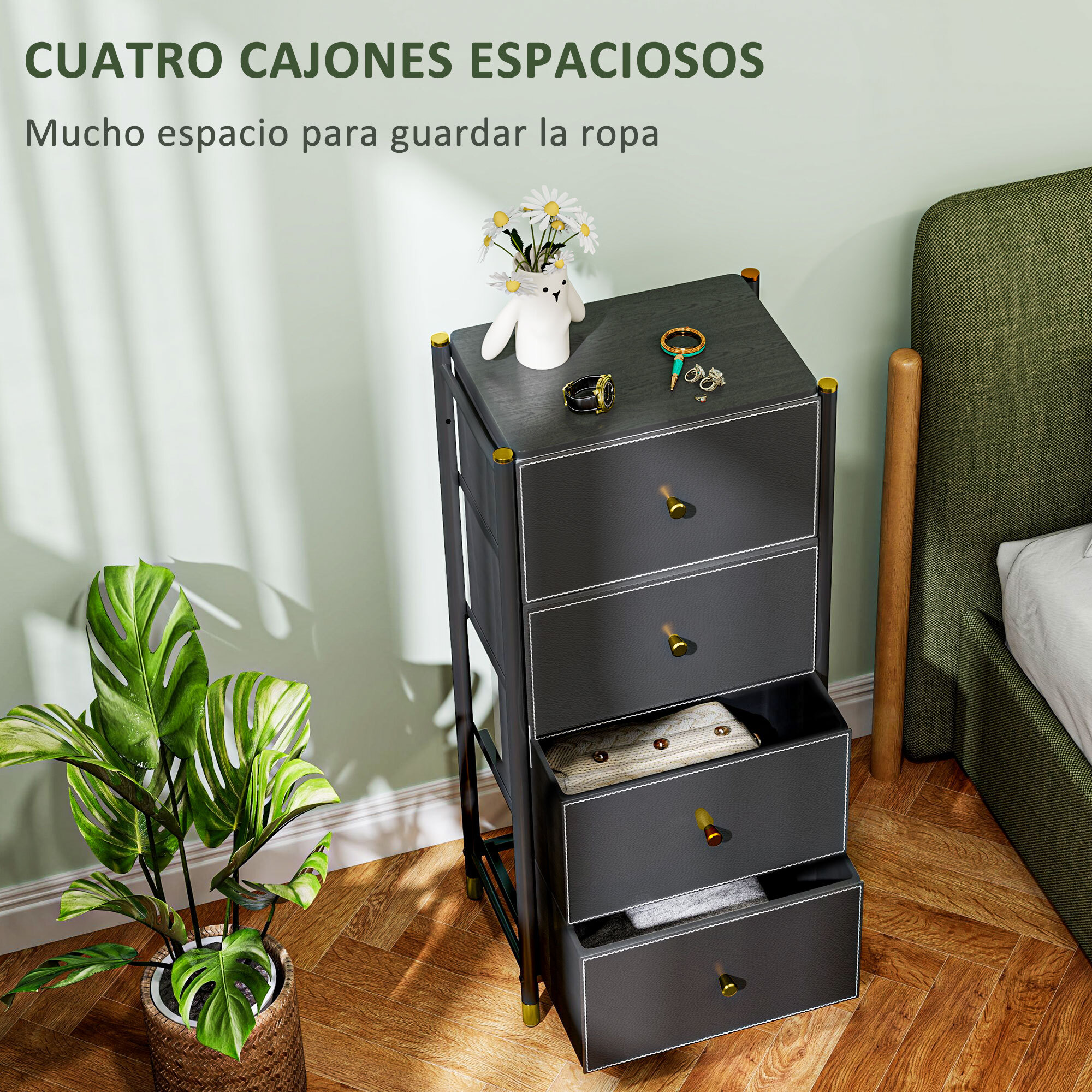 Cómoda para Dormitorio Cajonera de Tela con 4 Cajones Plegables con Frentes de PU y Marco de Acero Cajonera para Dormitorio Salón Negro