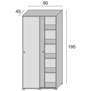 Guardaroba Dalia, Armadio a 2 ante scorrevoli e 4 ripiani, Mobile moderno multiuso per camera da letto, 100% Made in Italy, Cm 90x45h195, Rovere e Bianco