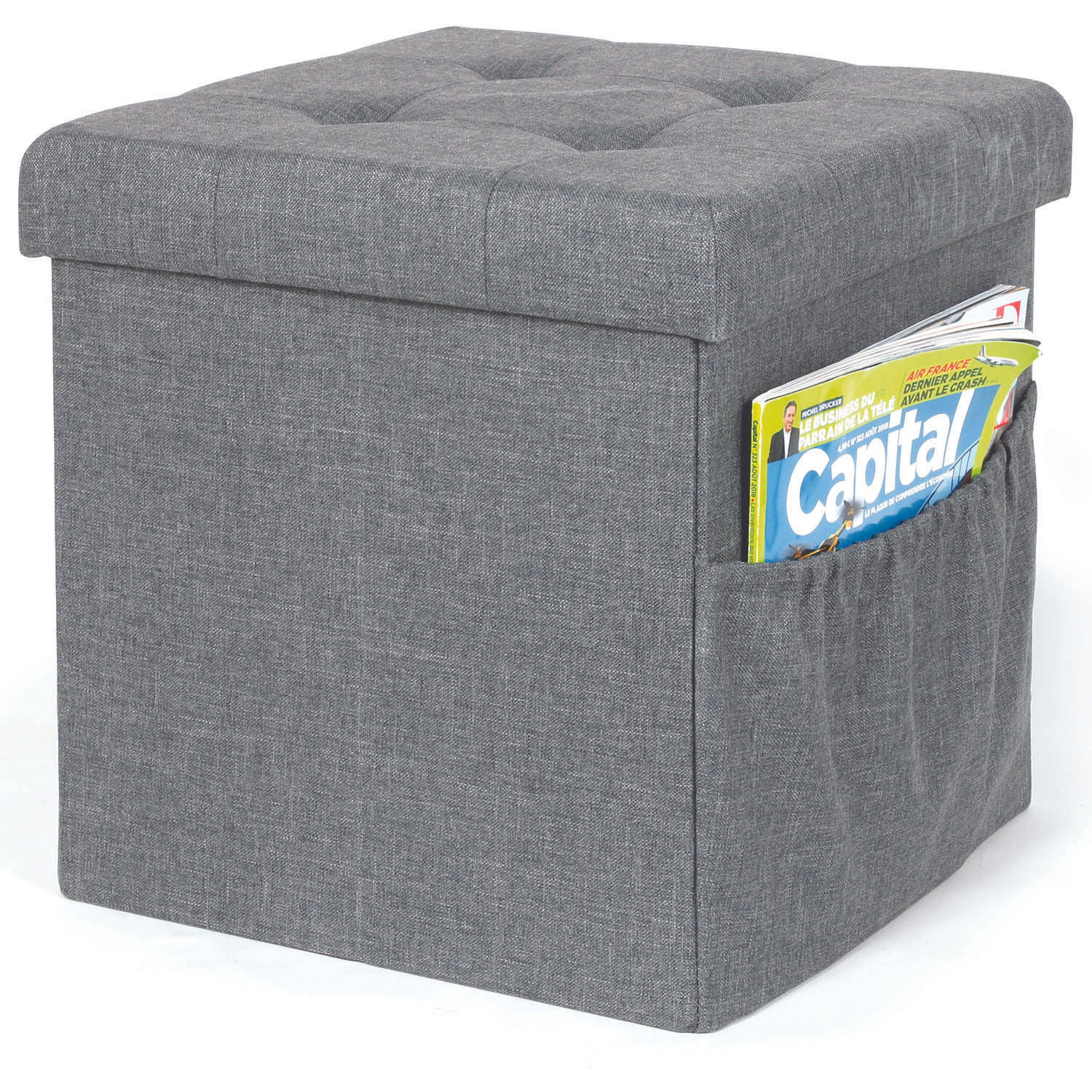 Coffre Pouf Pliable Tissu Gris Fonce