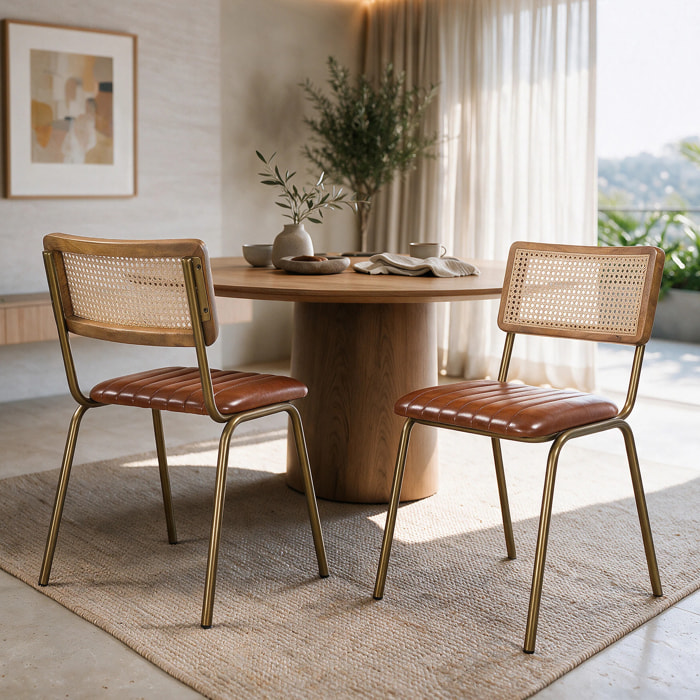 Lot de 2 chaises en cannage et cuir marron - Arsène