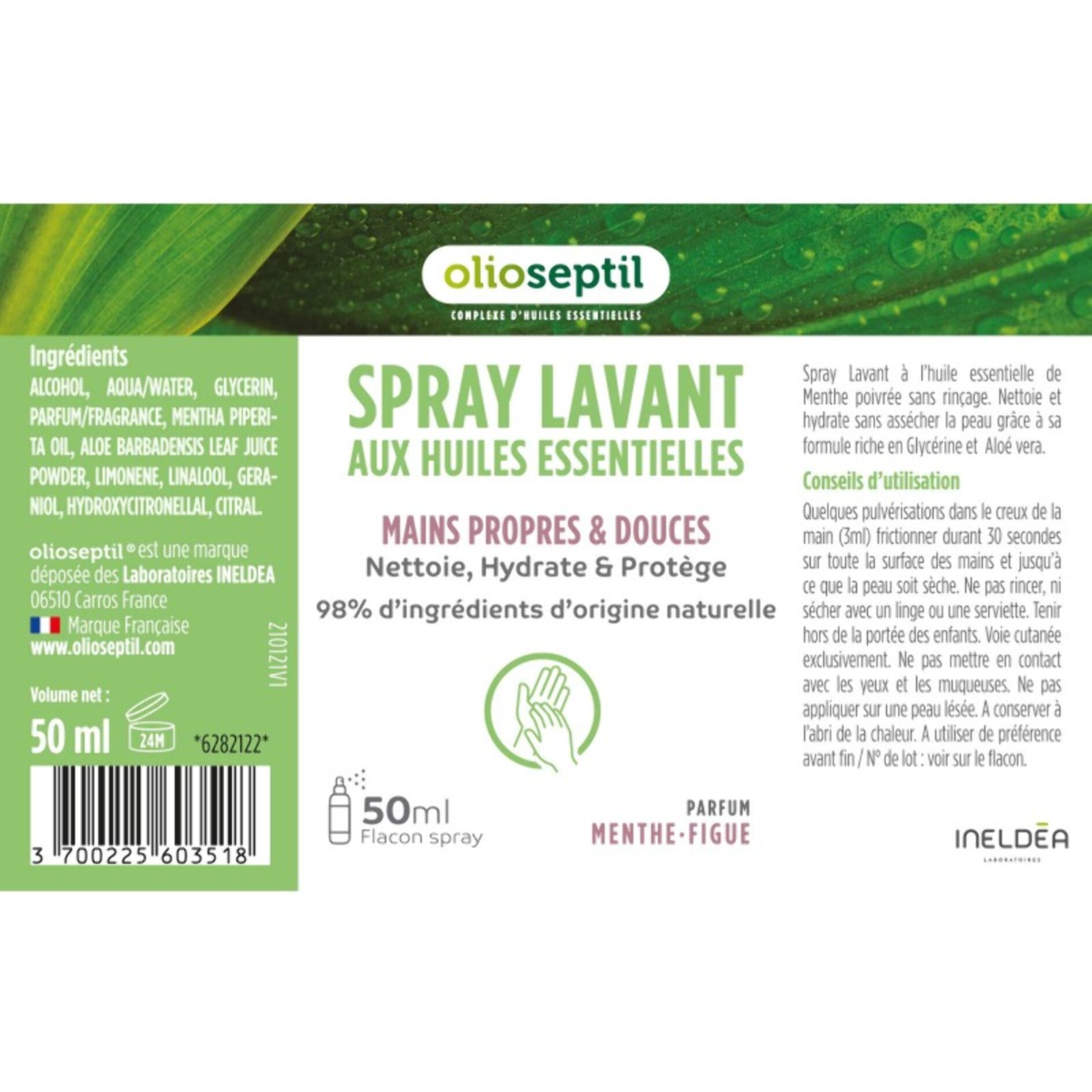 OLIOSEPTIL - Spray Lavant aux Huiles Essentielles - Mains propres et douces - 98% d'ingrédients d'origine naturelle - Nettoie, hydrate & protège - Sans rinçage - Parfum Menthe-Figue - Spray 50ml
