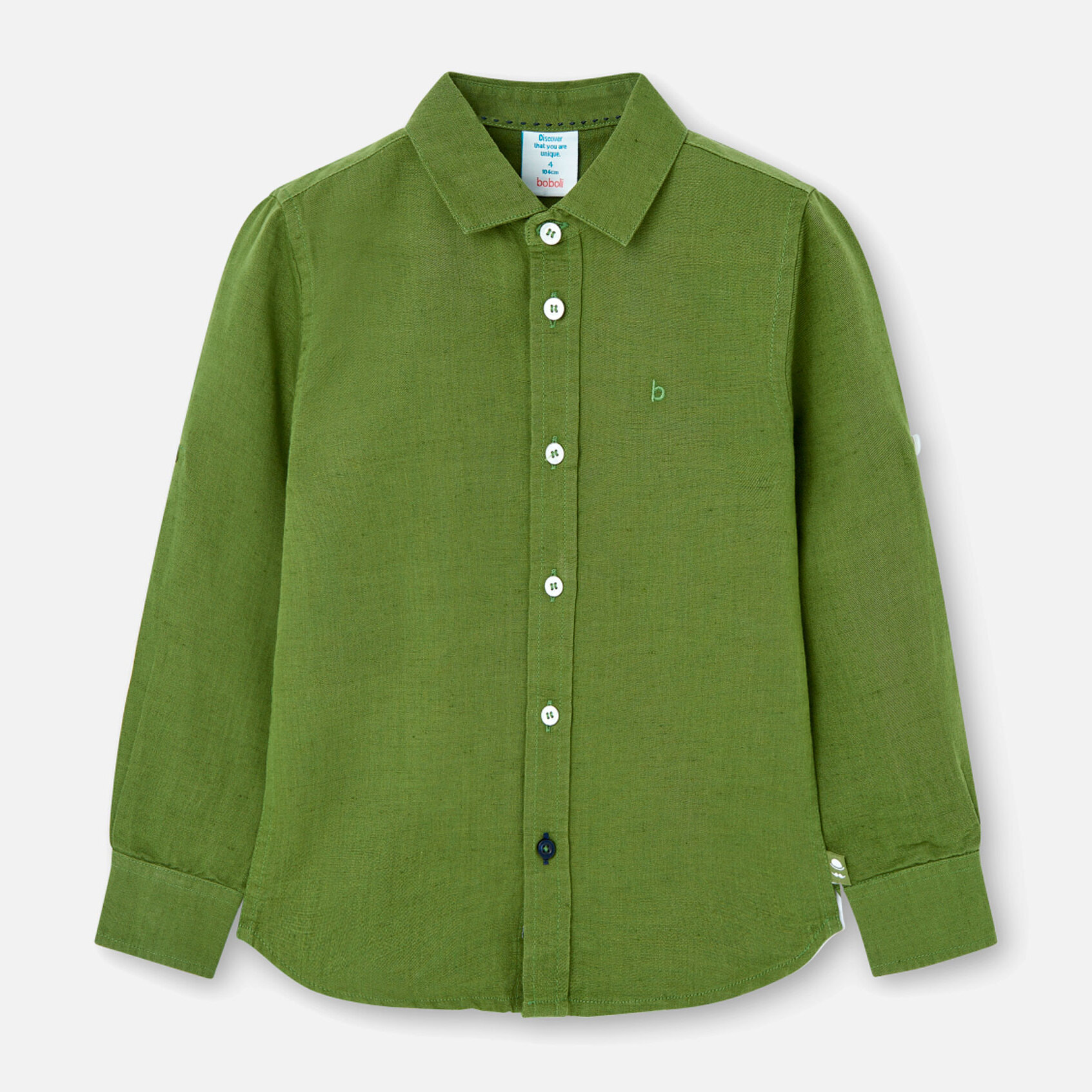 Camisa larga niño, lino estampada lisa, verde militar