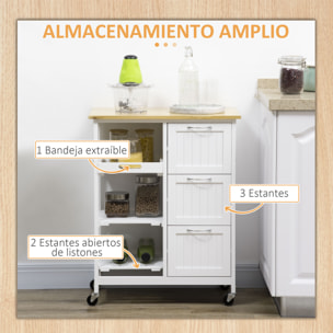 Carro Auxiliar de Cocina Carrito Verdulero con 3 Cajones 2 Estantes Abiertos y Bandeja Extraíble para Comedor Salón BCarga 40 kg 67x37x87 cm Blanco