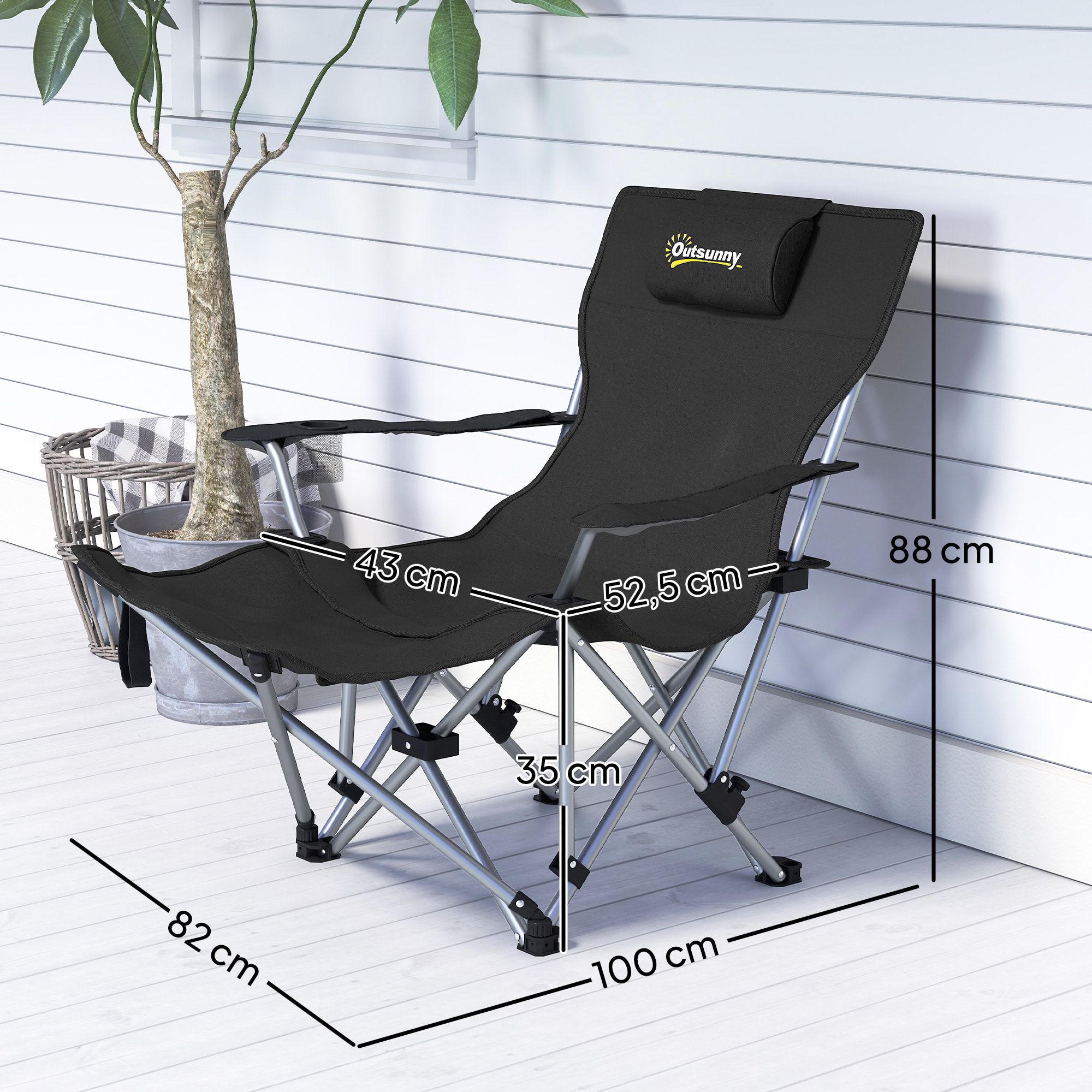 Chaise de camping pliante - repose-pied amovible, rangements - sac transport - noir