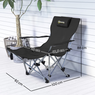 Chaise de camping pliante - repose-pied amovible, rangements - sac transport - noir