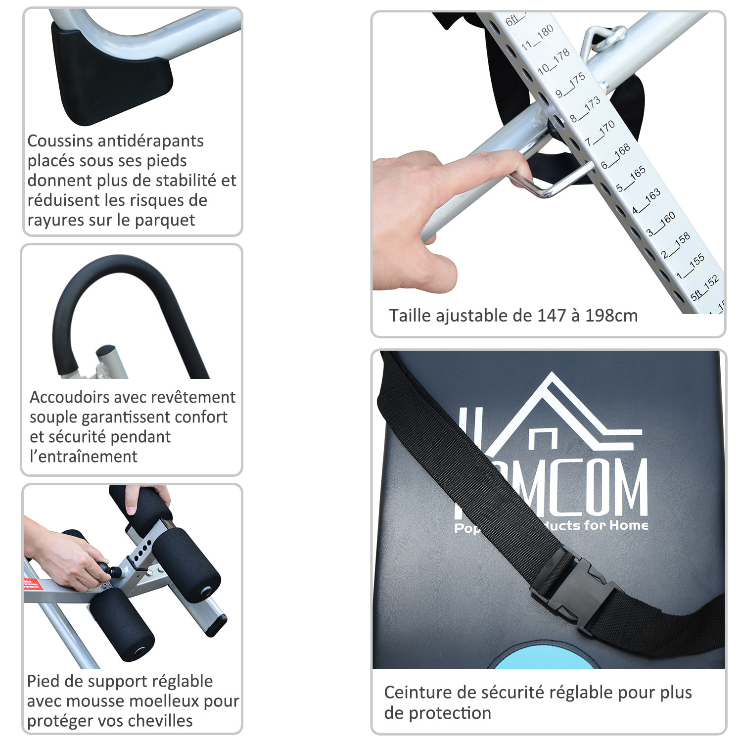 Table d'inversion de musculation pliable ceinture de sécurité réglable acier coloris argent noir