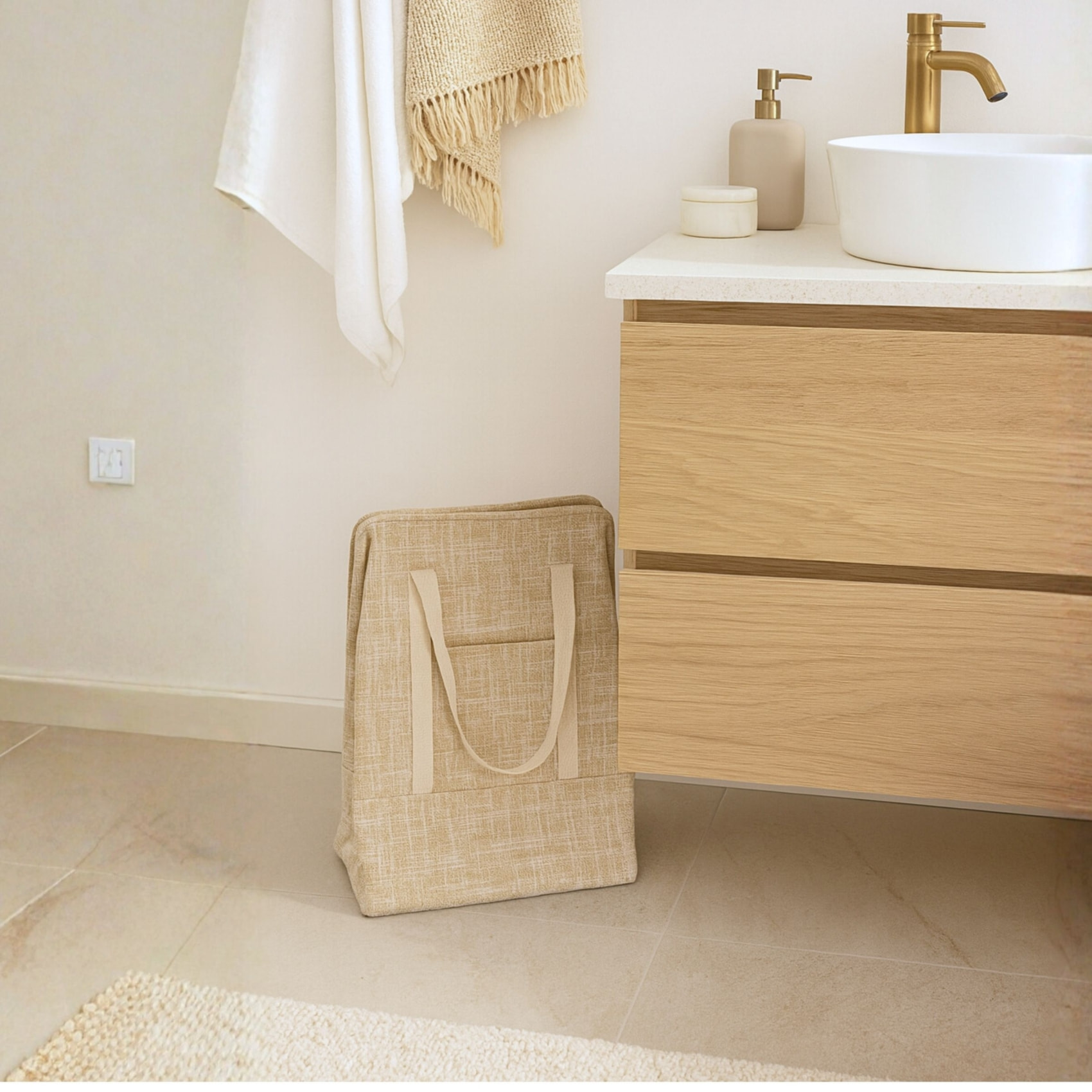 Grand panier à linge facile à transporter - Beige