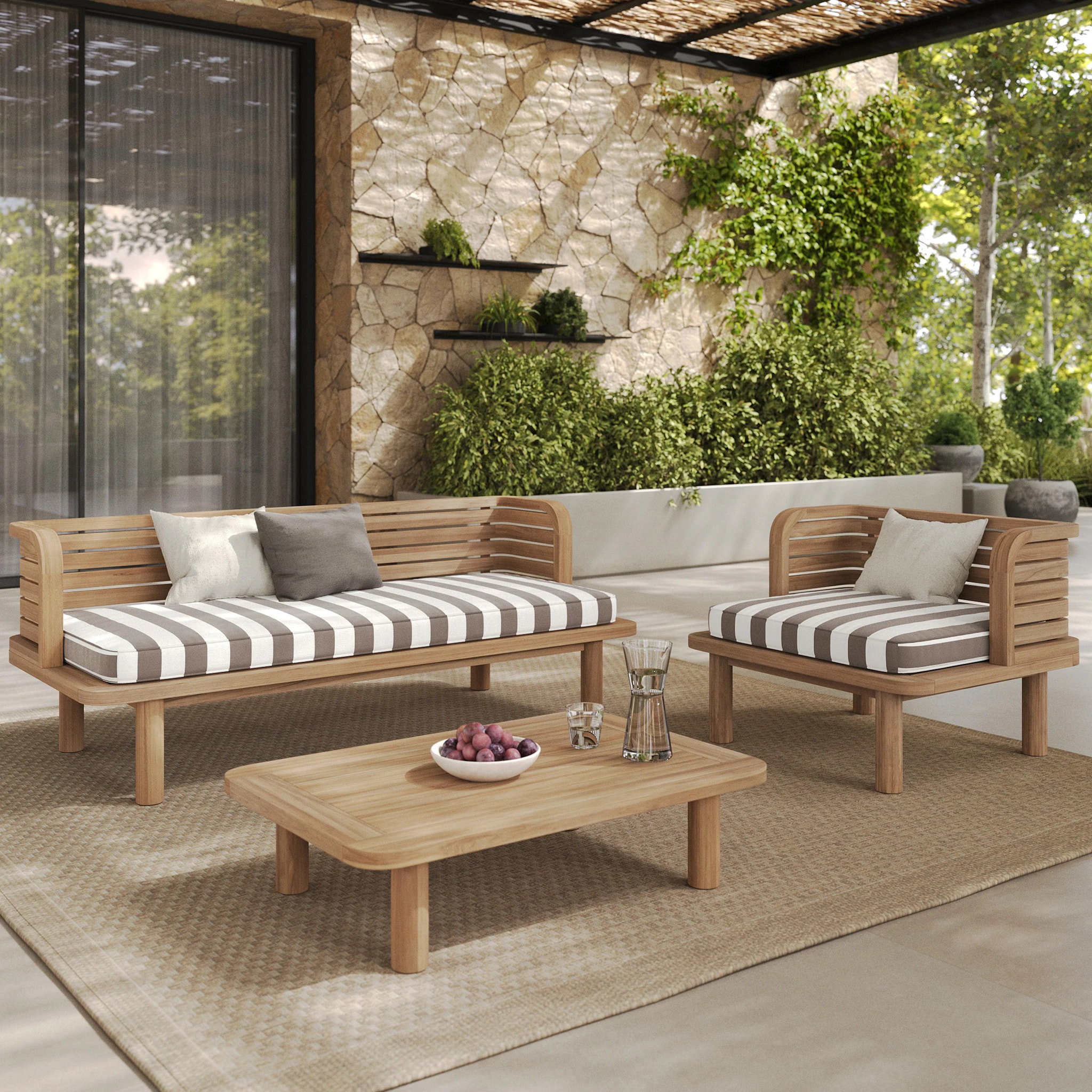 Fauteuil de jardin en teck massif et coussin rayé gris - Kilda