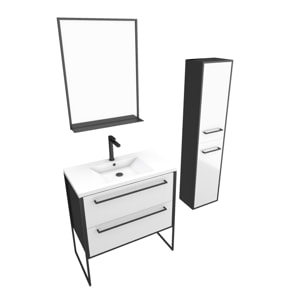 Ensemble de salle de bain 80 cm Blanc finition noir + vasque blanche+ miroir + colonne de rangement