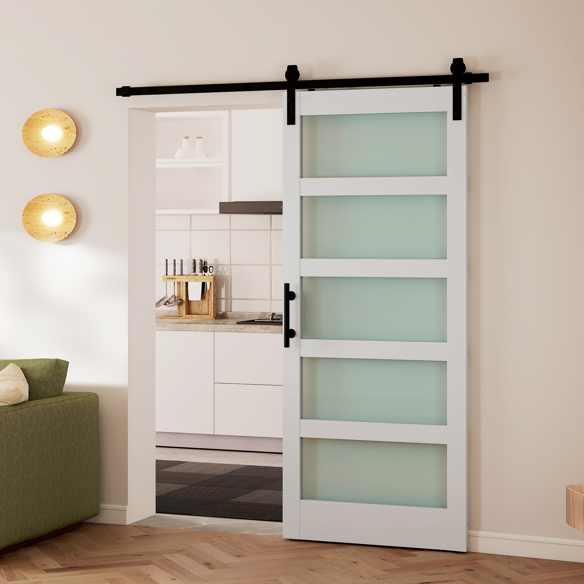 Puerta Corredera con Herrajes 91x213 cm, Puerta Corredera Interior de MDF y Vidrio Esmerilado con Rodillo, Riel, Guía de Suelo, para Baño, Salón, Sala de Estar, Blanco