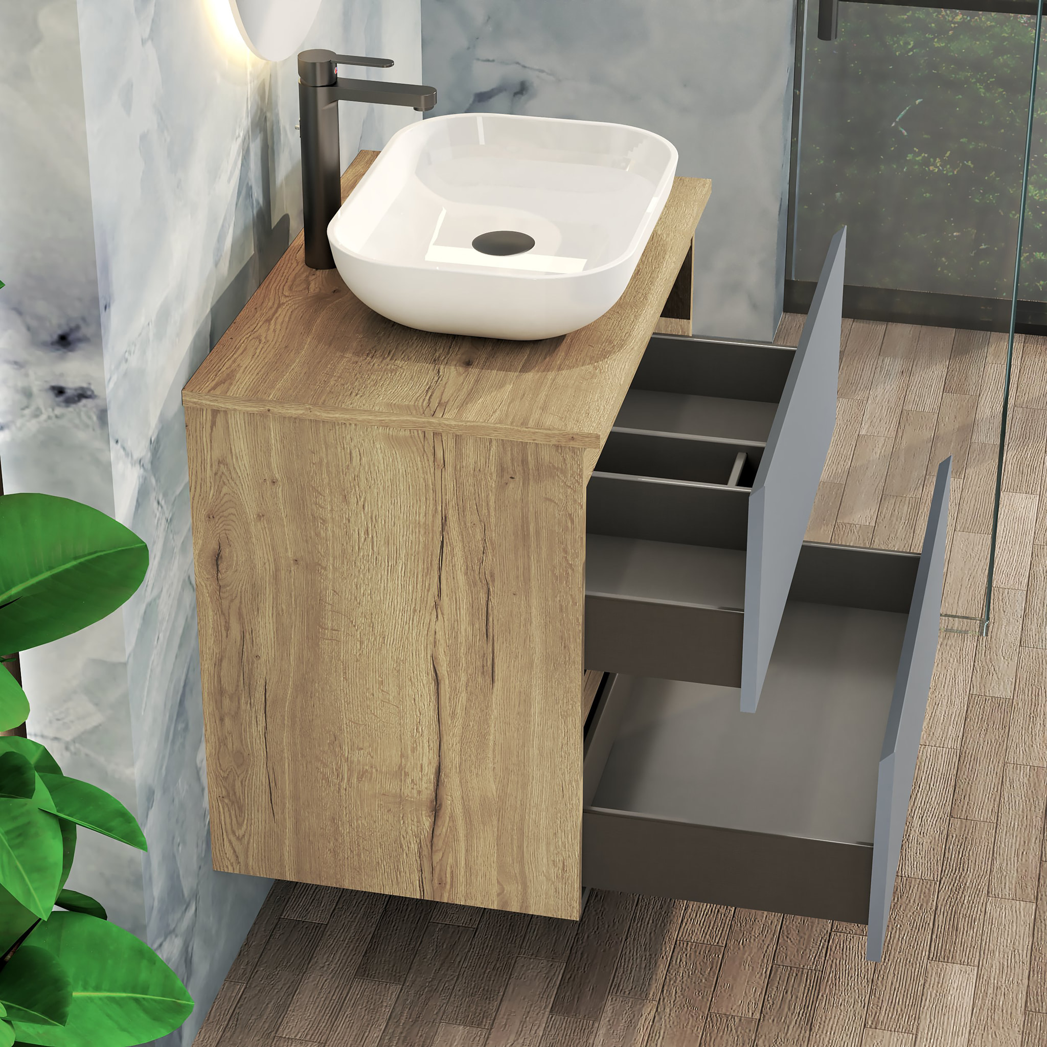 Conjunto de Baño Nia | Mueble Suspendido | 70 cm Azul | Dos Cajones | Lavabo Sobrepuesto | No incluye Espejo | Mueble Montado| Alday