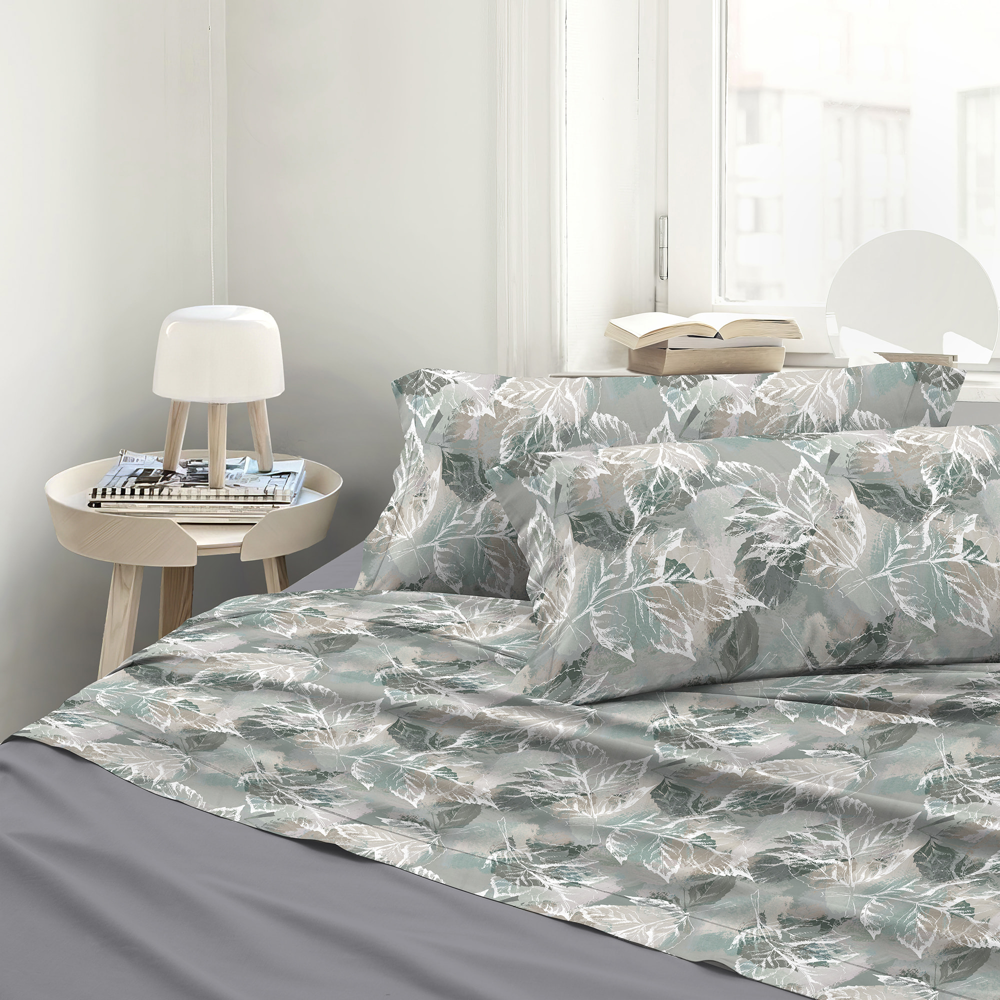 Completo letto stampato diana verde e grigio in raso 100% cotone