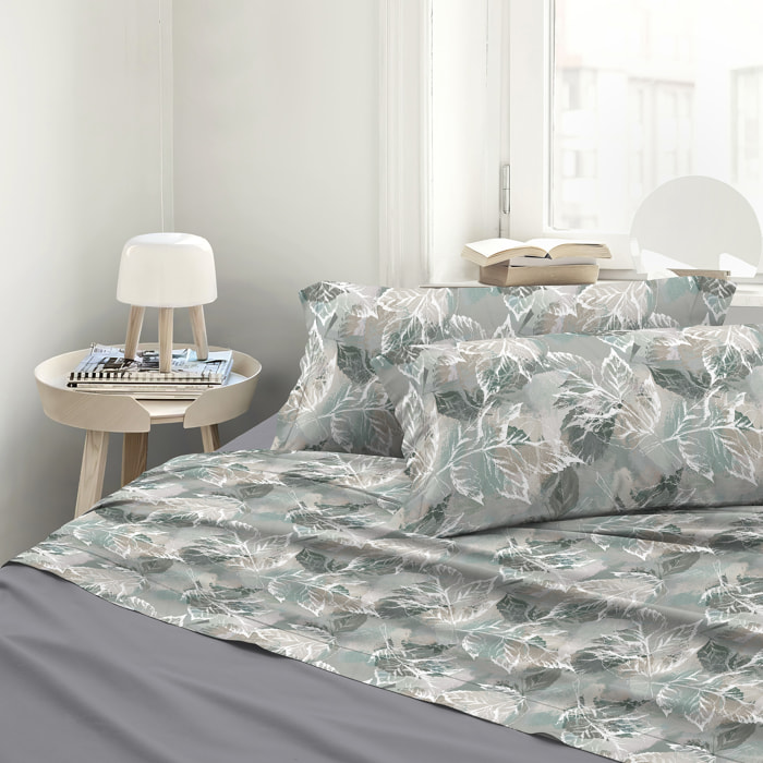 Completo letto stampato diana verde e grigio in raso 100% cotone