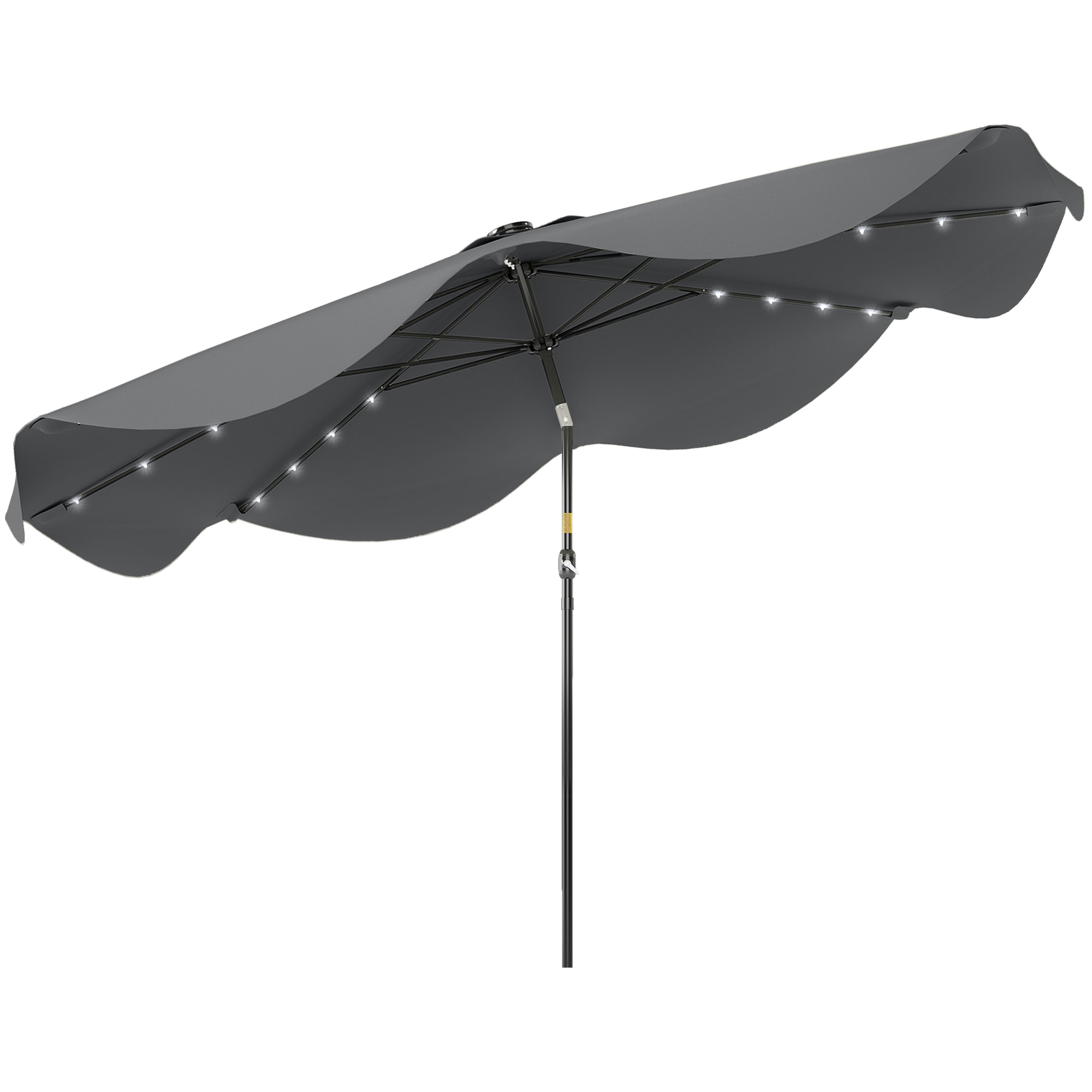 Sombrilla de Jardín Ø292x254 cm Parasol de Terraza Manual con 32 Luces LED Solares 8 Varillas Ángulo Ajustable Impermeable y Rejillas de Ventilación para Patio Balcón Gris Oscuro