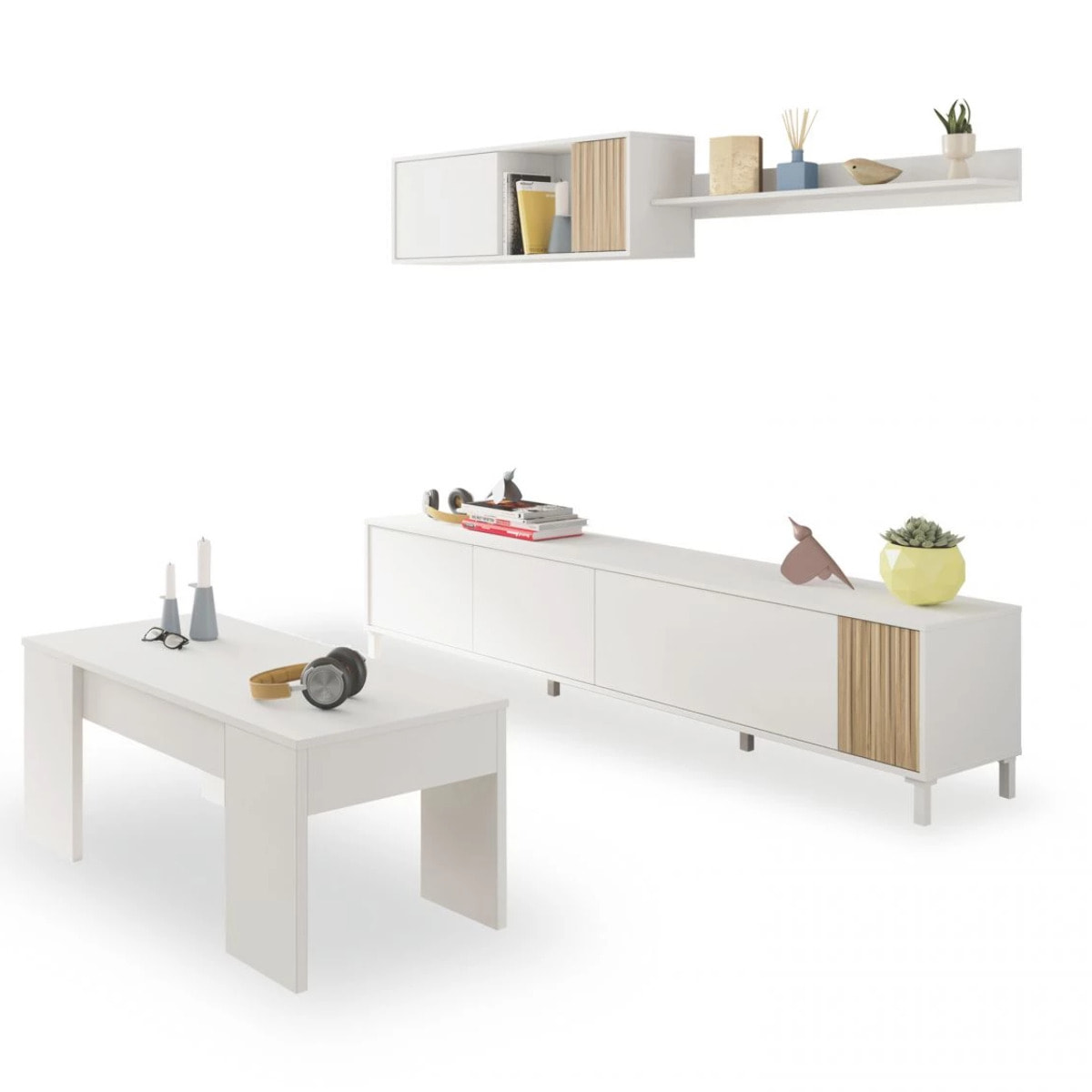 Pack salón con mesa de centro Nitza Plus V2 Blanco Artik (Blanco Mate) - Natur